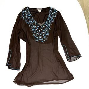 Vintage brown blue peppermintBay long sleeve beaded sheer top